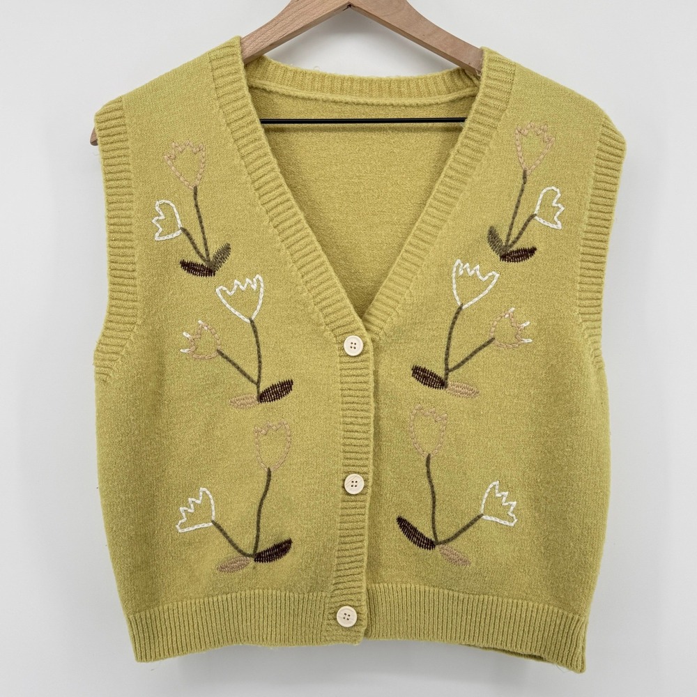 Chartreuse Green Embroidered Floral Knit Sweater Vest V-Neck Cardigan S? Cottage